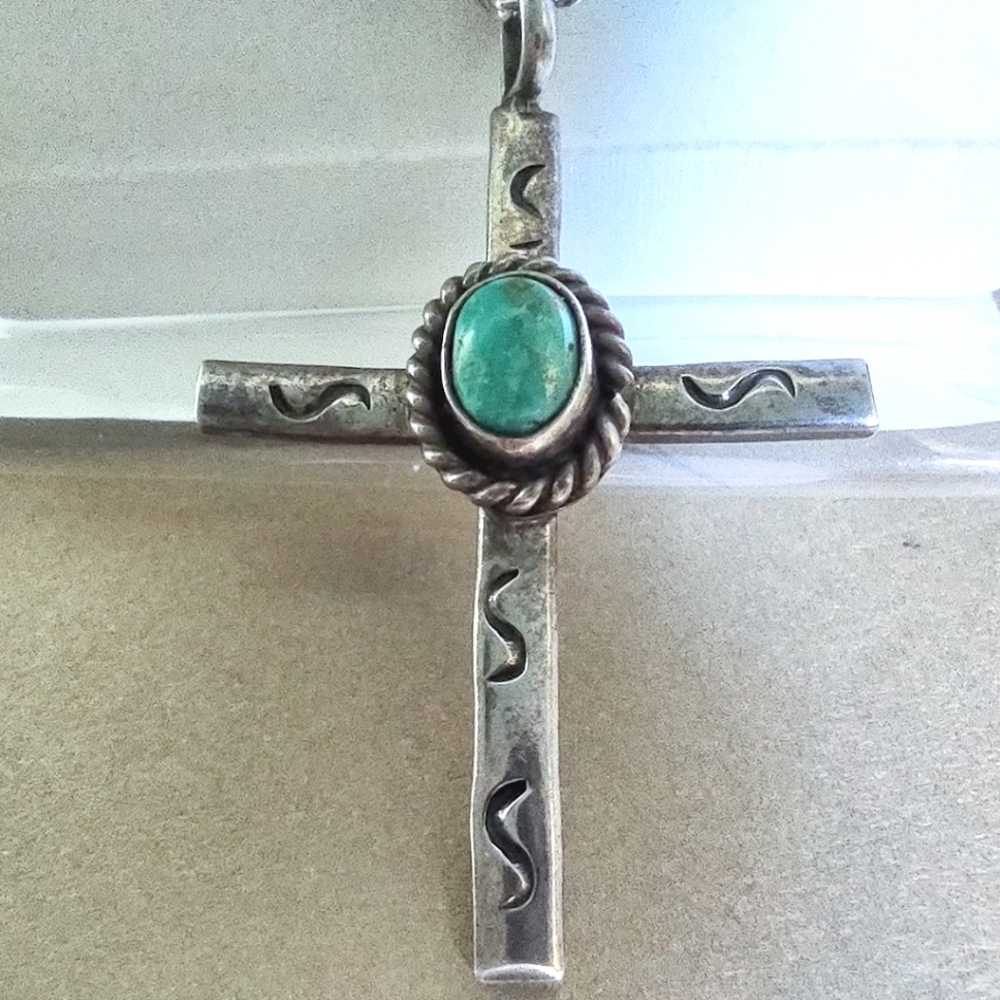 Sterling Silver Navajo Blue/Green Turquoise Stone in Cross Pendant